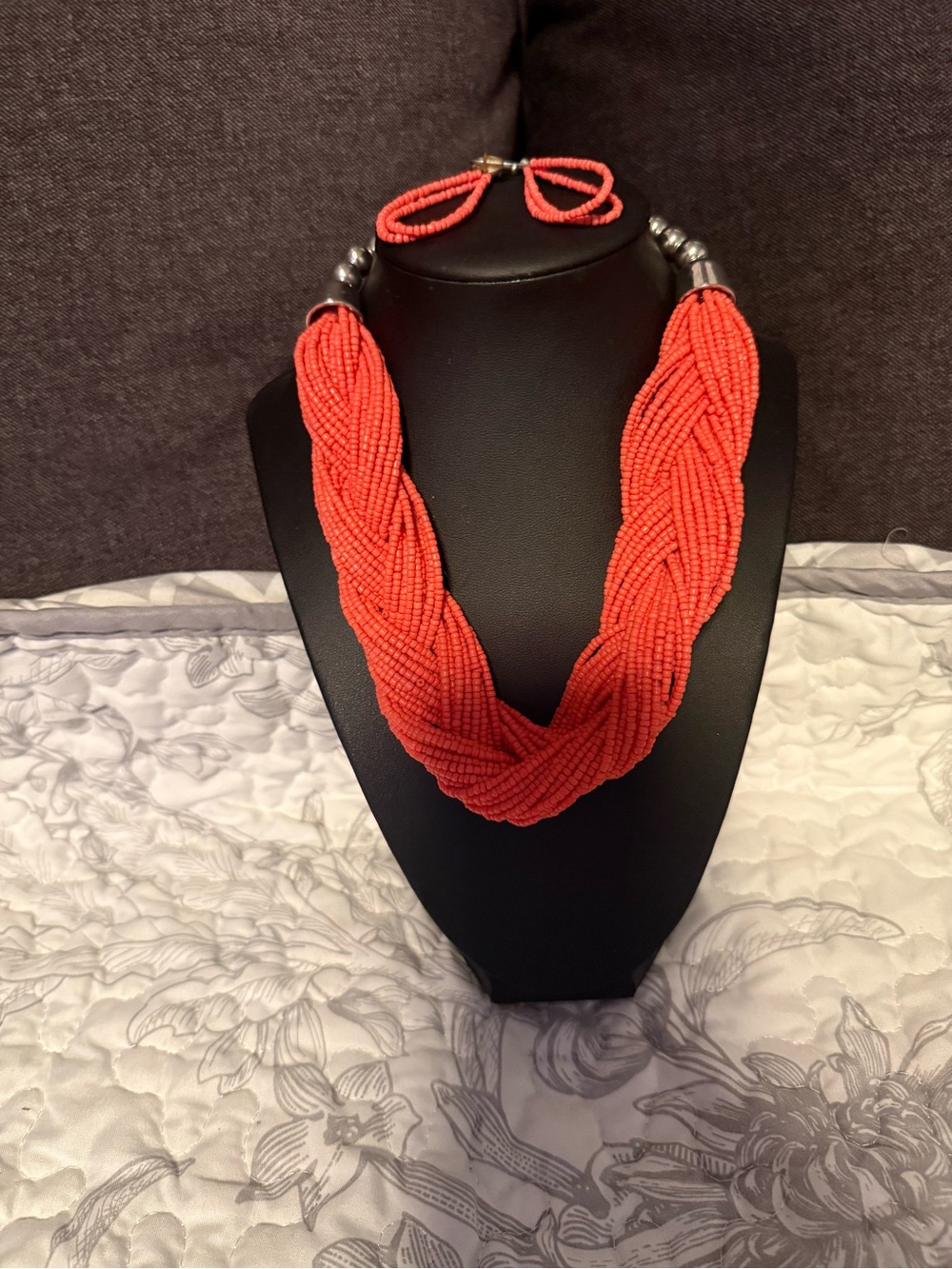 Twisted Coral Seed Bead Necklace and Earring Set
